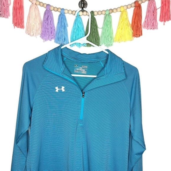 Under Armour Blue Stripe Pullover 1/4 Zip Long Sleeve Loose Coupe Athletic Top - Picture 12 of 12